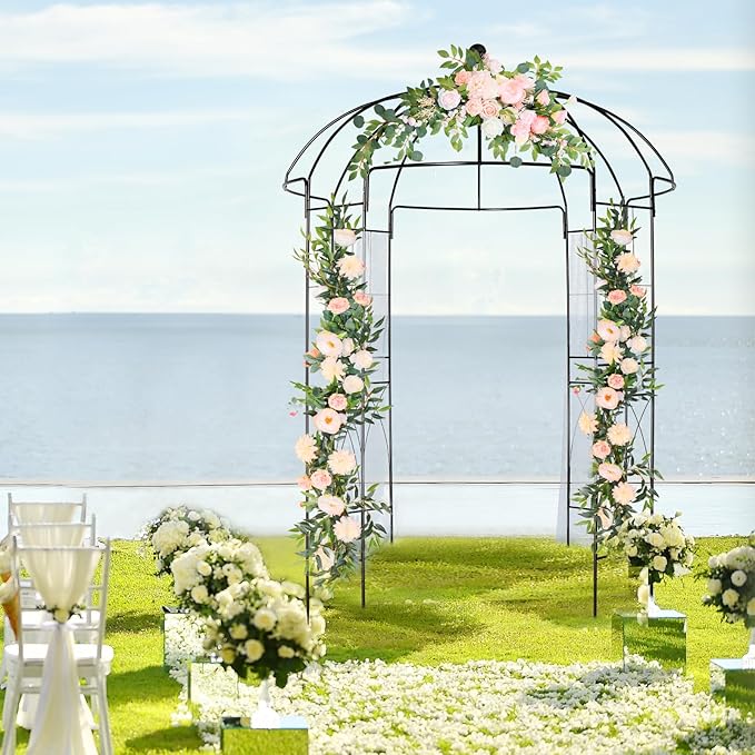 Garden Arbor, 9FT Metal Garden Arch for Climbing Plants Outdoor, Black Gazebo Archway for Lawn, Patio and Backyard, Wedding Arches for Ceremony, Includes Ground Stakes