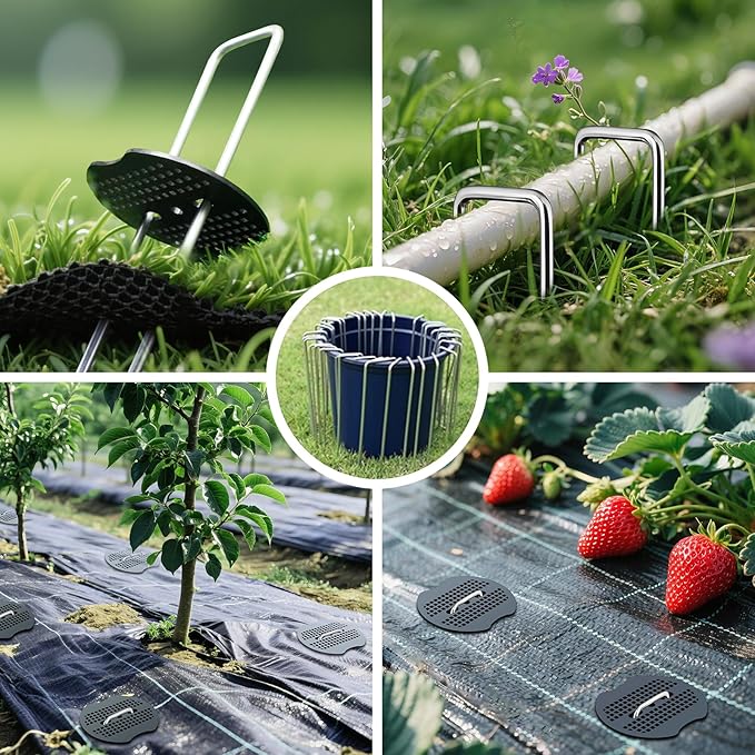6 Inch Landscape Fabric Staples, 150Pcs Garden Stakes Galvanized +150Pcs Gasket +Pick Hook +Rubber Mallet, U Shaped Weed Barrier Stakes 11 Gauge Lawn Staples Landscape Pins for Yard, Sod, Weed Mat