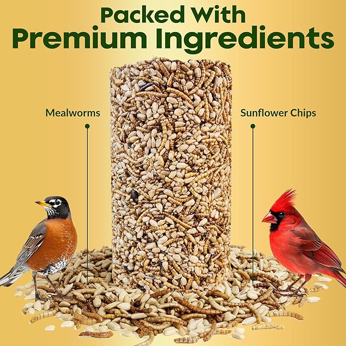 Mealworm Bird Seed Cylinders with Hole – Premium Mealworm Birdseed Log – Sunflower Chips & Dried Mealworms for Wild Birds – Natural High Energy Seed Cylinder – No Fillers – USA Made (4" x 7.75")