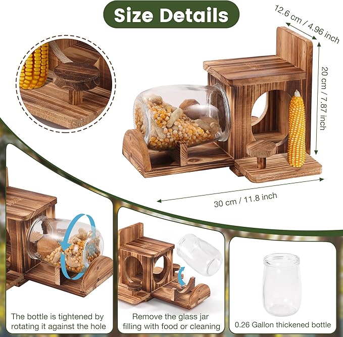 Wood Squirrel Feeder, Squirrel Feeders for Outside Garden Tree, Chipmunk Feeder for Corn Peanuts, Removable Storage Bottle, 2 Stable Squirrel Stools