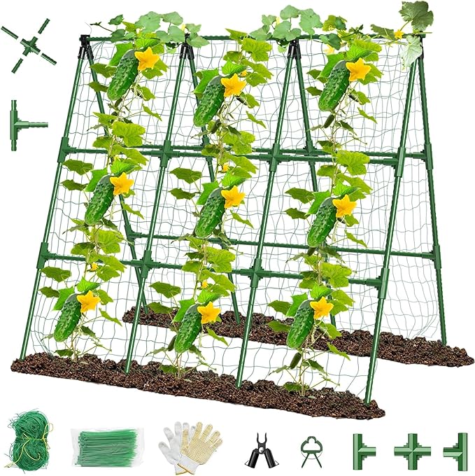 51x53 Inch Cucumber Trellis for Raised Bed,Foldable A-Frame Garden Trellis for Climbing Plants Outdoor with Climbing Net,Plastic-Coated Steel Core,for Cucumber Beans and Vine Type Plants ﻿
