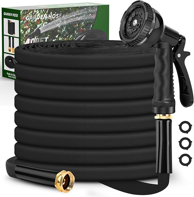 Garden Hose 100ft 3/4, Non-Expanding Water Hose Lightweight, Flexible Garden Hose with 10 Function Nozzle，Kink-Free, Sturdy, High-Pressure, Abrasion Resistant Hoses for Yard, Garden