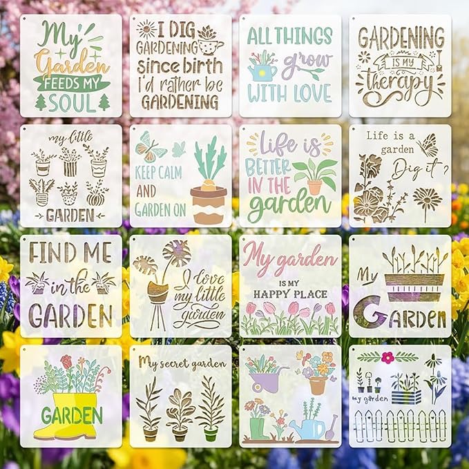16Pcs Garden Floral Stencils Painting On Reusable Crafts Templates, 7.8x7.8Inch My Garden Flower Plant Stencil for Painting on DIY Wood Canvas Scrapbook Paper Fabric Pillows Card Making Home Decor
