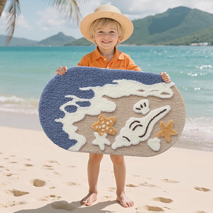 LUMI Beach Bathroom Rugs, Non Slip Bath Mat Ultra Soft Washable Absorbent Quick Dry, Ocean Sea Theme Bath Rug with Starfish Shell for Shower Floor, Kitchen Decor, Kids Room, 22"x34"