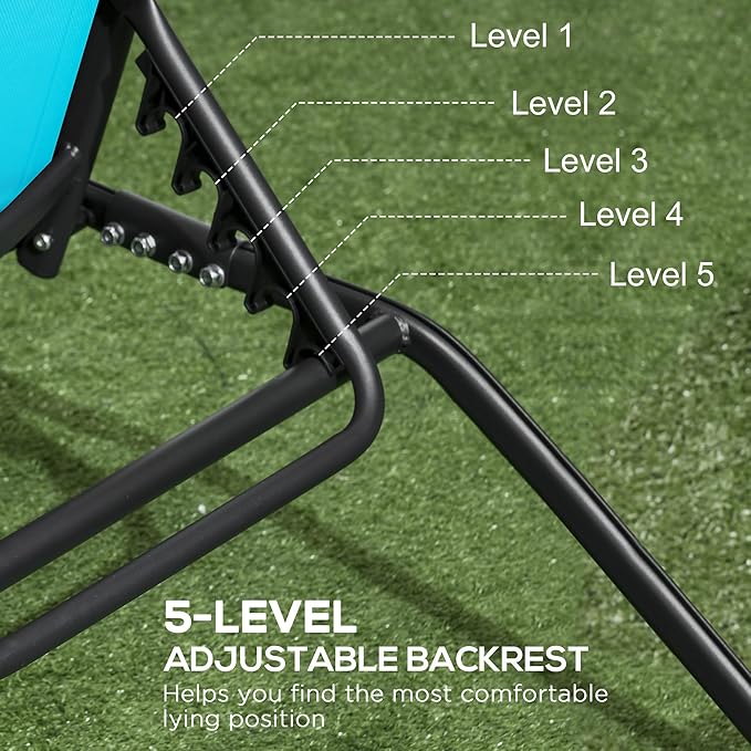 Outsunny Chaise Lounge Outdoor, 2 Piece Lounge Chair with Wheels, Tanning Chair with 5 Adjustable Positions for Patio, Beach, Yard, Pool, Blue