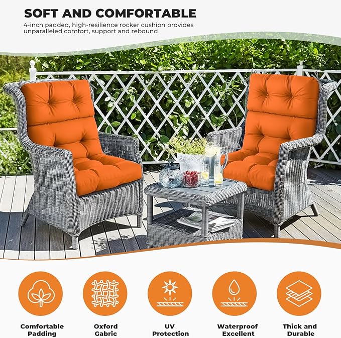Outdoor/Indoor High Back Chair Cushion, Waterproof Outdoor Rocking Chair Cushion with Ties, Tufted Replacement Seat Cushions for Outdoor Furniture, Orange