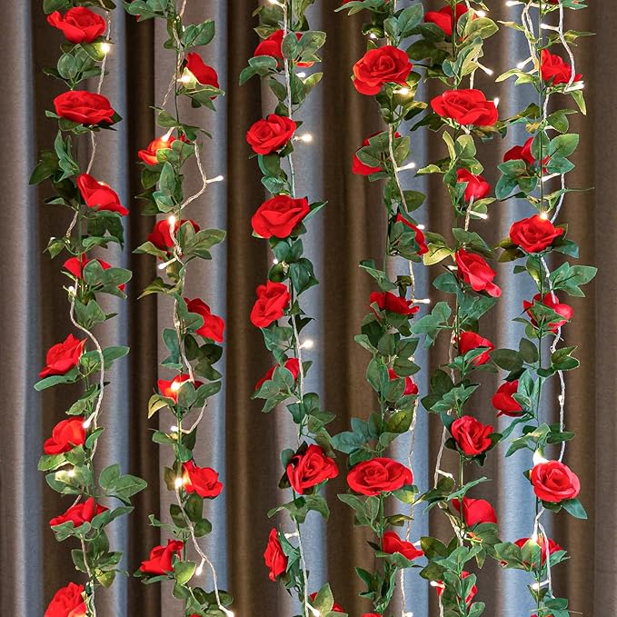4 Pack (32FT) Artificial Rose Vine Fake Flowers Garland Hanging Silk Rose Ivy Plants Vine for Mother's Day Wedding Arch Party Wall Indoor and Outdoor Aesthetic Art Décor (Red)