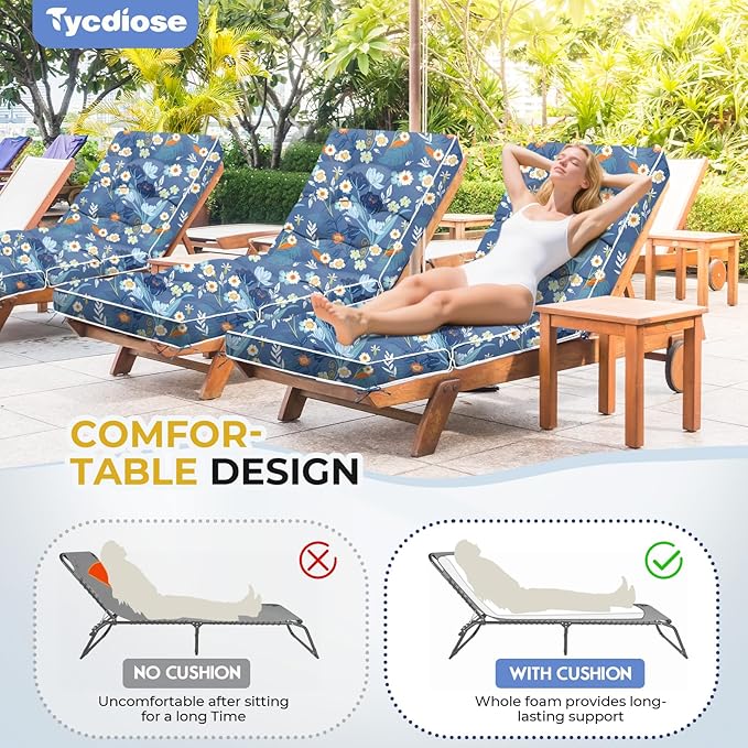 Outdoor Chaise Lounge Chair Cushion, Waterproof Non-Slip Patio Chaise Lounge Cushions for Outdoor Furniture, Thickened Patio Pool Lounger Chair Cushion, 76.4 x 22.8 x 4.7 Inches, Blue Floral