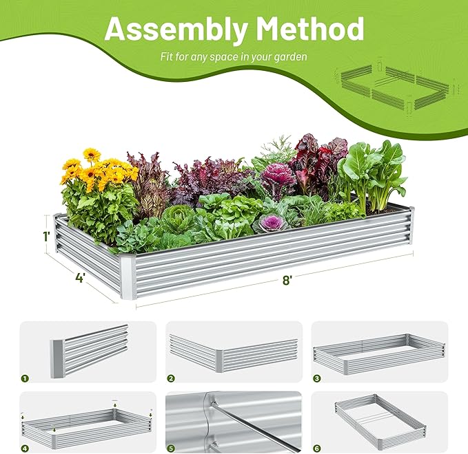 2PCS 8x4x1FT Galvanized Raised Garden Bed Kit, Galvanized Planter Raised Garden Boxes Outdoor, Large Metal Raised Garden Beds for Vegetables-Silver