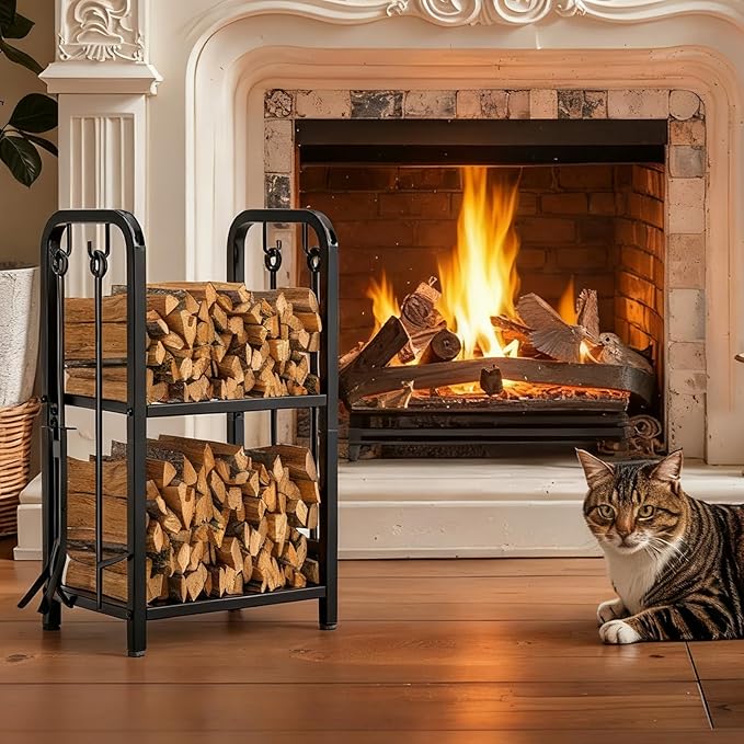 HONEST OUTFITTERS Firewood Rack Indoor, 2-Tier Firewood Rack Outdoor with 4 Pieces Fireplace Tools Set, Heavy Duty Log Wood Holder for Fireplace, Fire Pit, Wood Stove Black