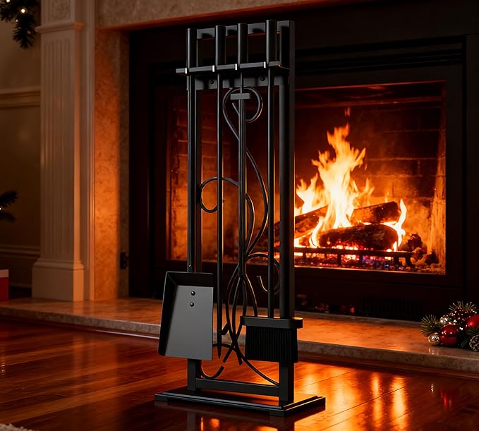 Kingson 5-Piece Heavy Duty Wrought Iron Fireplace Tool Set - Durable Indoor & Outdoor Fireplace Accessories with Decorative Black Finish - Stylish and Functional Hearth Décor for Fireplaces