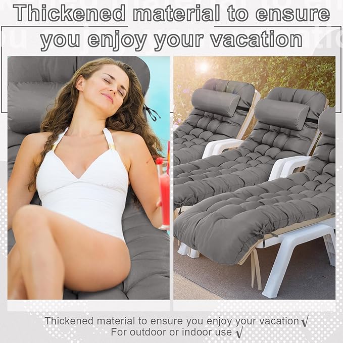 Tudomro 2 Pcs Dark Gray 66'' Outdoor Chaise Lounge Cushion Waterproof Patio Lawn Pool Chaise Lounge Cushion with Headrest Pillow & Ties Weather Fade Resistant Replacement Longue Chair Pad