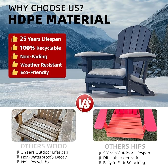 Folding Adirondack Chairs, HDPE Plastic Adirondack Chair with Cup Holder Weather Resistant, Wood Texture Outdoor Fire Pit Chairs for Patio Garden,Poolside and Deck, Umbrella Hole, Dark Blue