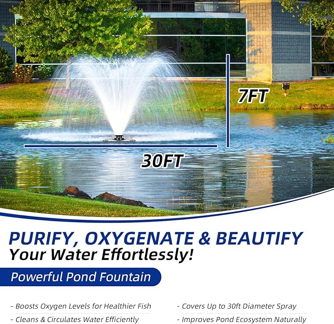 Floating Pond Fountain 1HP 110V 750W with 98Ft Power Cord, Featuring a Timer,2 Fountain nozzles,Metal Pond Waterfall Pump.