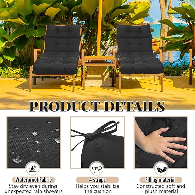 Kigley 2 Pcs Chaise Lounge Cushions 75 x 22 x 5 Inches Soft Lounge Chair Cushion Spring/Summer Seasonal Replacement for Outdoor Indoor Home Office (Black)