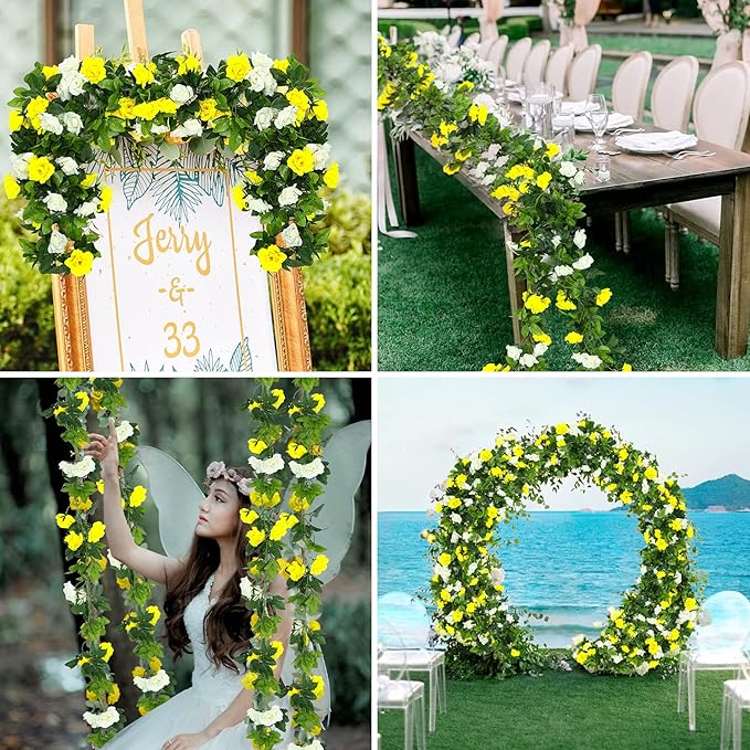 JUSTOYOU Artificial Rose Vines Yellow Flowers Garland Hanging Silk Rose Vine for Wedding Home Office Arch Arrangement Decoration 7.6FT(2PCS)