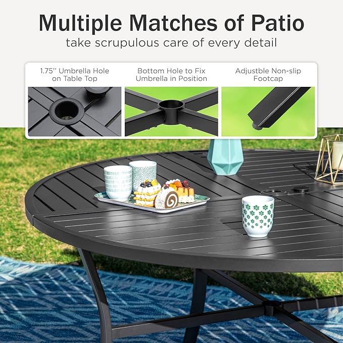 PHI VILLA 7 Pieces Outdoor Round Dining Set for 6, Large Wrought Iron Table with Umbrella Hole & Swivel Metal Chairs with Cushions, Modern Furniture Set for Patio, Deck, Yard, Porch