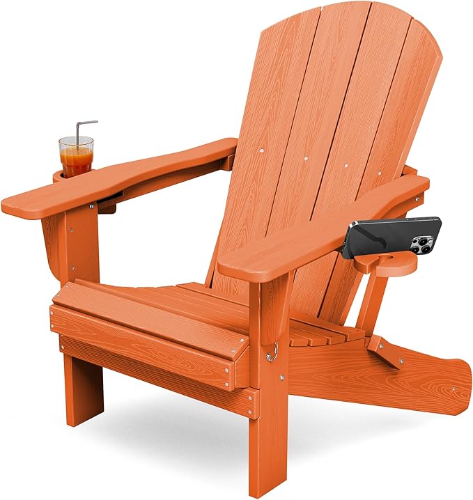 KINGYES Folding Adirondack Chair with Dual Cup Holders - HDPE All-Weather Outdoor Chairs, Wood-Like Patio Chair for Backyard, Camping, Pool & Fire Pit, Orange