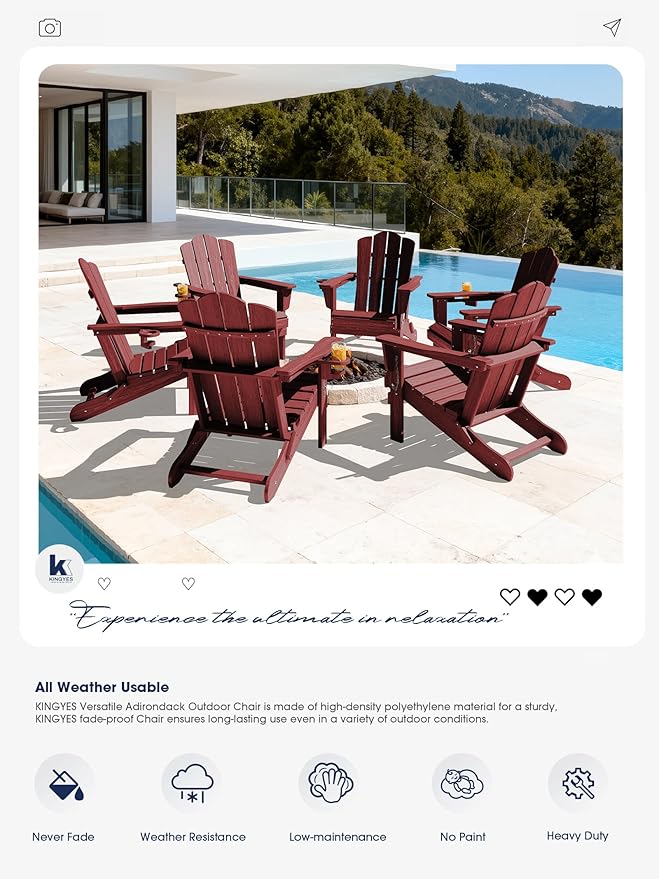KINGYES Folding Adirondack Chair Set of 4, HDPE All-Weather Patio Chairs with Cup Holder, Wooden Textured Fire Pit Chairs for Poolside, Backyard, Deck, Red