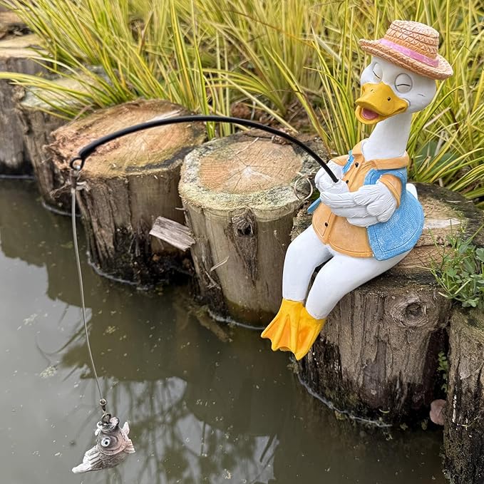 Garden Duck Outdoor Fishing Koi Statue, Goose Statues Decorations for Yard 9.7'' Fishing Duck Sculpture Garden Decor, Fishing Guy for Waterfalls or Koi Pond Decor, Gifts for Women, Mom or Birthdays