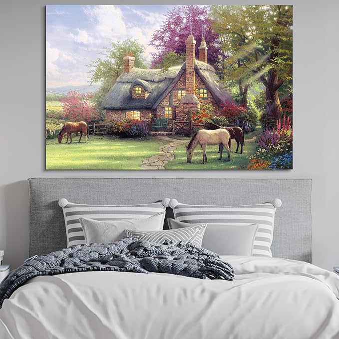 STUDIO HAVEN Thomas Kinkade Canvas Wall Art, Stone Thatched Cottage Grazing Horses Flower Garden and Sunny Meadow Oil Painting Poster Rustic Wall Decor, Framed Prints for Home Decor, 28x20Inch