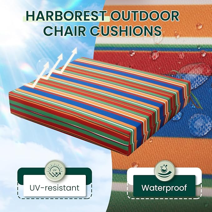 HARBOREST Outdoor Chair Cushions Set of 4, Water Resistant Patio Chair Cushions with Ties, Square Corner Outdoor Seat Cushions for Patio Furniture, 18.5"x16"x3", Rainbow Stripes