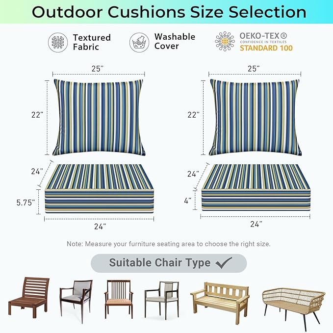 Outdoor Cushions for Patio Furniture,Outdoor Seat Cushion Set 24 x 24 x 4 Inch,Waterproof & Fade Resistant Outdoor Chair Cushions,Deep Patio Chair Cushion with Removable Cover,Blue Stripe