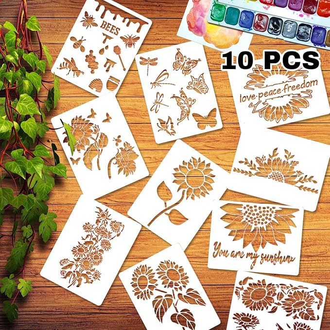 Sunflower Stencils Large Kit 10 Pieces Flower Butterflies Bee Painting Stencil 11 in You are My Sunshine Reusable Plastic Template for Door Wood Wall Canvas Home Decoration