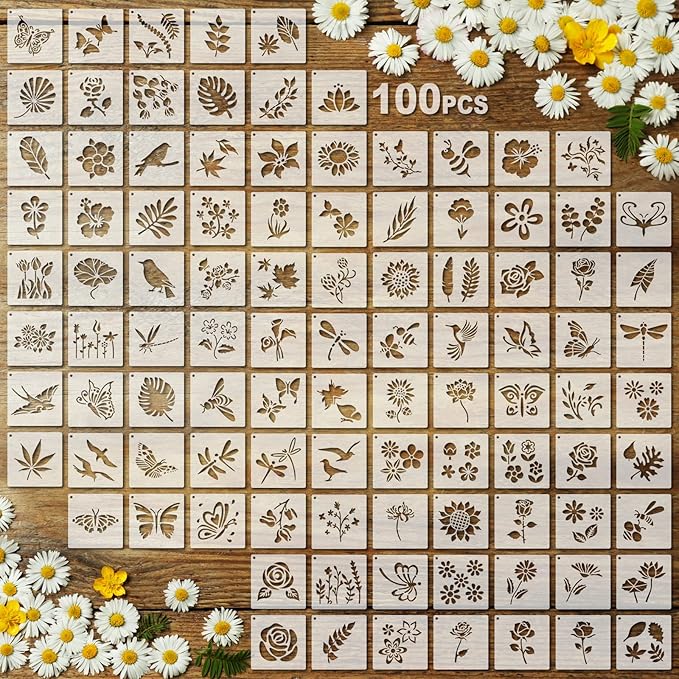 Fainne 100 Pcs 2 Inch Stencils Small Stencils for Painting on Wood Reusable Painting Templates Crafts for DIY Scrapbook, Wood, Wall, Fabric, Rock, Chalkboard, Sign(Flower, Plants)