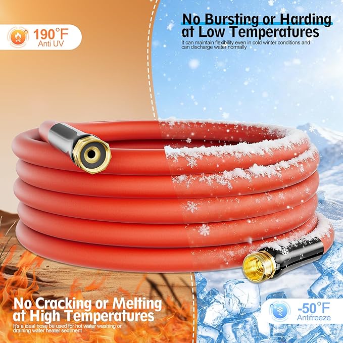 5/8" Hot/Cold Short Leader Garden Water Hose 15ft, -50℉ to 190℉, Flexible & Lightweight, Heavy Duty Rubber Pipe with 3/4" Brass Fittings for All-weather Outdoor, Yard, Farm, Red