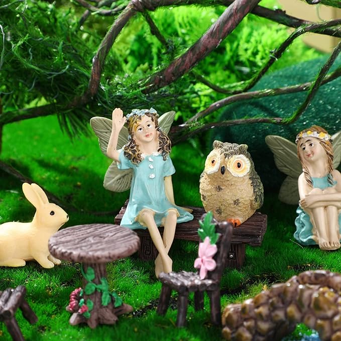 Roowest 19 Pcs Miniatures Garden Fairies Kit Garden Accessories Miniatures Bunny Squirrel Owl Animals Cute Tiny Mushroom Mini Pond Bridge Figurine for DIY Home Micro Landscape Terrarium Ornaments
