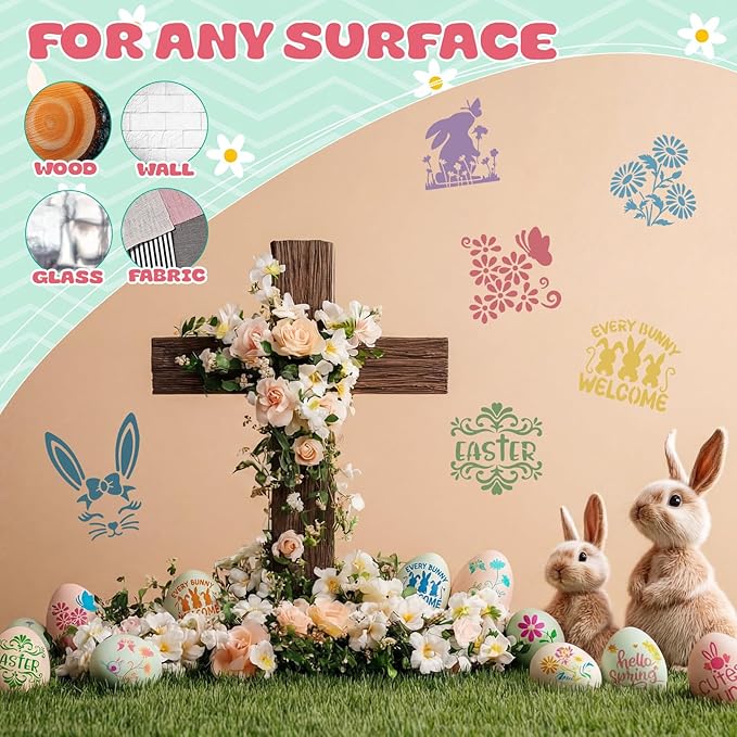 Marspark 72 Pcs Spring Easter Small Stencils for Crafts Reusable 3 Inch Stencils for Painting on Wood DIY Craft Paint Template for Wall Home Decor Card Rock Canvas Drawing Holiday (Bunny Egg)