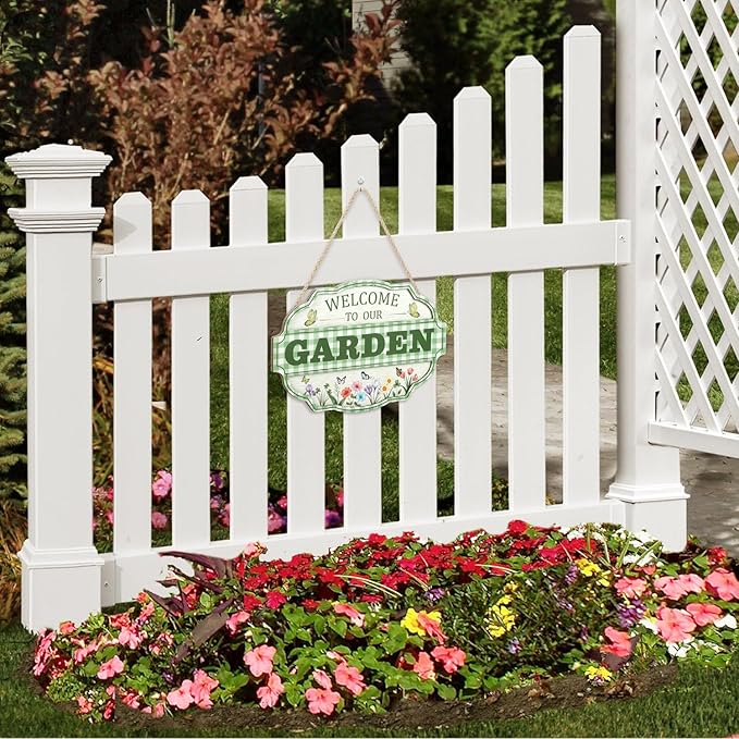 HOURIA 3D Welcome to Our Garden Wood Sign,(11.4”x8”) Gardening Yard Greenhouse Decor,Sage Green Gardening Sign, Flowers Butterfly Garden Decorations for Outside Indoor,Gardening Gifts