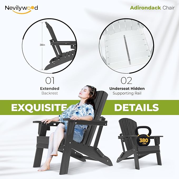 nevilywood Folding Adirondack Chair with Cup Holder Set of 4, HDPE Patio Chairs,All-Weather Outdoor Chairs for Backyard, Deck,Fire Pit-Black