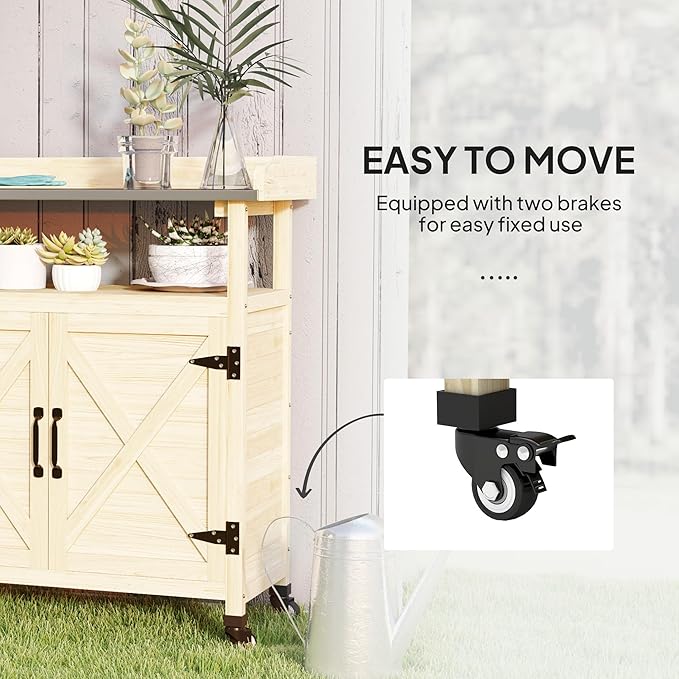 Outsunny Outdoor Wooden Potting Bench Table, Garden Workstation with Storage Cabinet, Aluminum Table Top, Rubber Wheels for Backyard, Patio, Balcony, Natural Wood