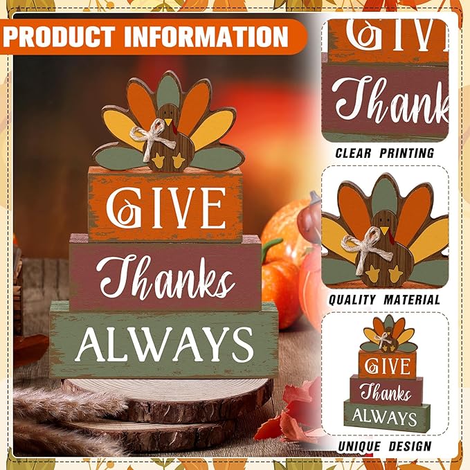 4 Pcs Thanksgiving Turkey Table Decor Wooden Turkey Sign Block Rustic Fall Tiered Tray Decor Farmhouse Autumn Centerpiece Thanksgiving Decorations for Home Office Desk Holiday Harvest Gifts