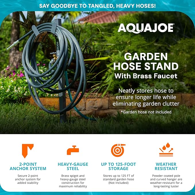 Aqua Joe Steel Garden Hose Stand with Brass Faucet and Quick-Install Anchor Base - Heavy-Duty Freestanding Holder for Outdoor Lawn, Yard & Garden Hose Storage, SJ-SHSBB-GRY