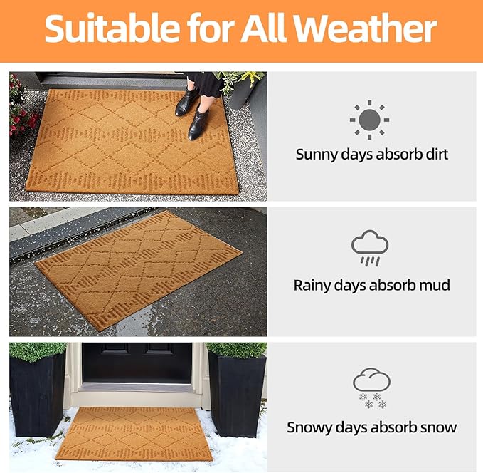 Front Door Mat Indoor Outside Entrance, Heavy Duty Dirt Trapper Coir Doormat with Non Slip Backing Entryway Rug for Front Back Door, 17x30, Brown