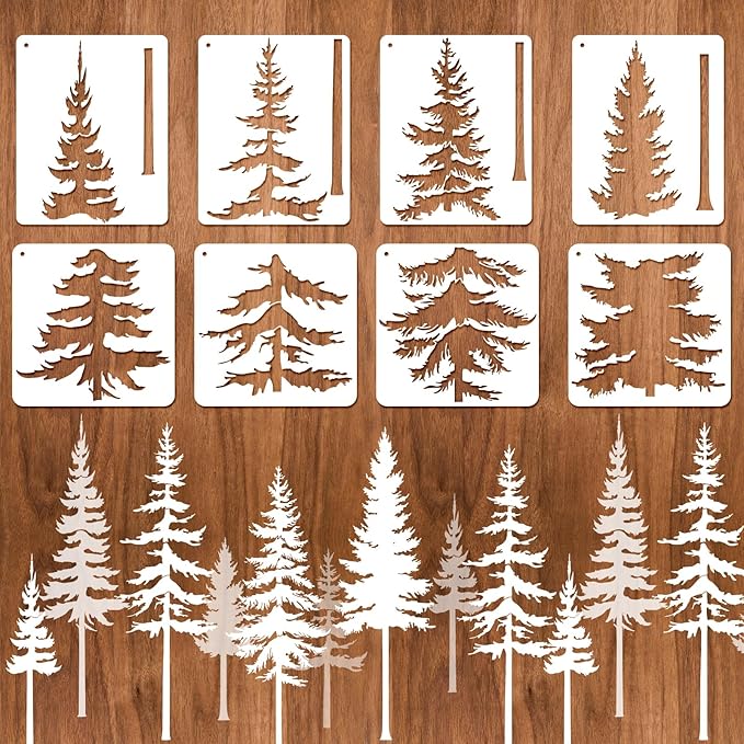 8pcs Large Pine Tree Stencils 4 Styles Reusable Tree Wall Stencils 32.5'' - 34'' Tall Forest Mural Drawing Templates for Wall DIY Art Crafts Painting Garden Wood Fence Tile