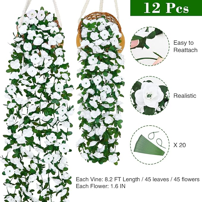BLEUM CADE 12Pcs 98.4Ft Flower Garland Artificial Rose Vines for Bedroom, Cute Fake Hanging Flower Vines Floral Garland Decorations for Wedding Party Wall Room Decor Aesthetic