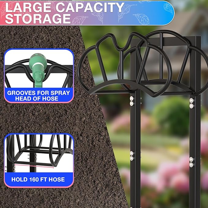 New Garden Hose Holder, Super Stable Water Hose Holders Stand Holds 160-Feet Hose, Rustproof Freestanding Hose Storage Hanger Rack for Outside Yard Lawn Farm, Black