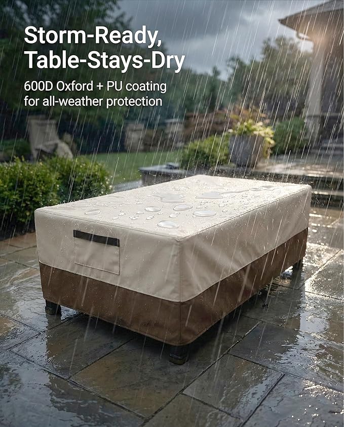 Waterproof Patio Coffee Table Cover, 600D Heavy Duty Outdoor Furniture Covers, Weather & UV Resistant, Windproof with Buckles, Rectangular Table Cover for Backyard Patio 36 x 24 x 16 in, Beige & Brown