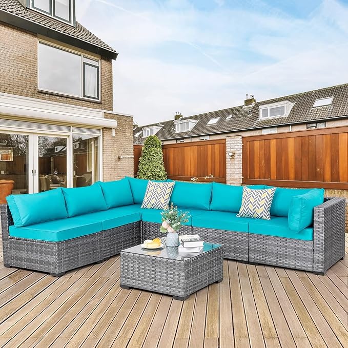 JAMFLY 7-Piece Outdoor Patio Furniture Set, Modular PE Rattan Sectional Sofa with Thick Cushions & Glass Coffee Table, Weather-Resistant Wicker Conversation Set for Poolside, Balcony, Garden, Blue