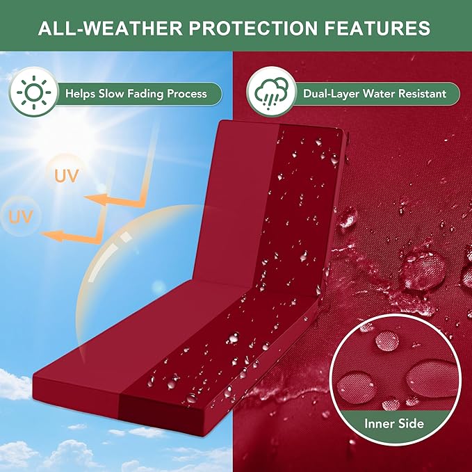 Chaise Lounge Cushions Outdoor - Waterproof and Fade Resistant Sun Lounger Replacement Cushions - Patio Lounger Pads with Removable Cover for Pool, Deck, Lawn, 80 x 26 x 3 Inch, Red