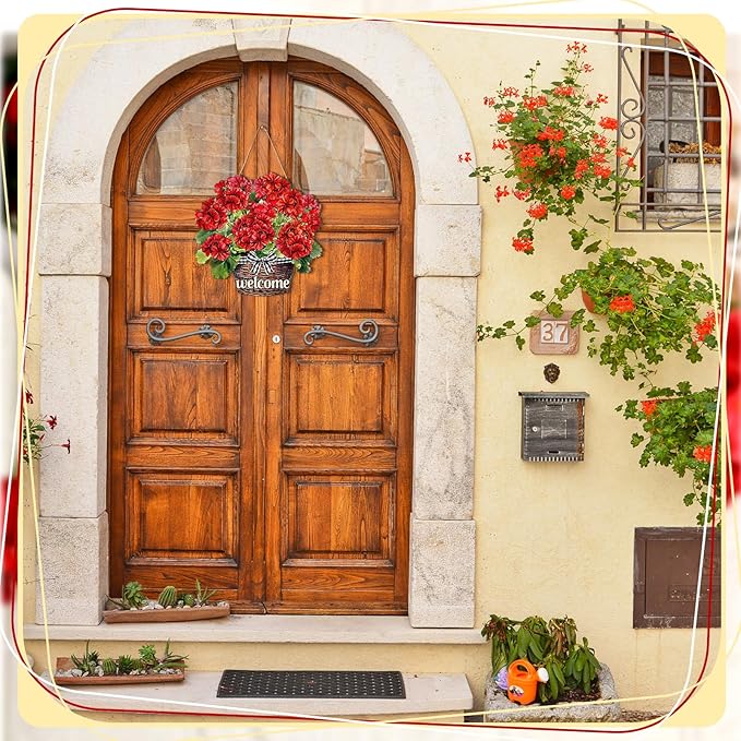 Yookeer Summer Red Geranium Door Sign Welcome Summer Geranium Flower Sign Wood Wall Decor Rustic Hanging Doors Signs Farmhouse Wooden Hanging Plaque for Home Front Door Garden Porch Patio