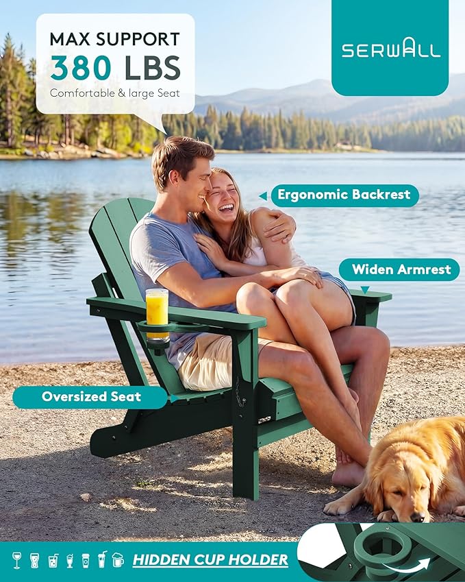 SERWALL Foldable Adirondack Chair Set of 2 for Patio Garden All Weather Adirondack Chairs with Cup Holder Outdoors Fire Pit Chairs-Green