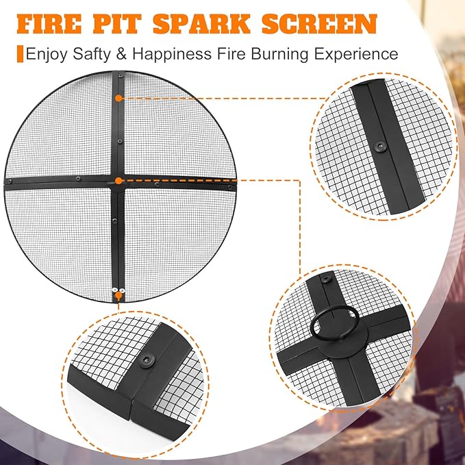 Suzile 22 Inch Heavy Duty Fire Pit Spark Screen Round Mesh Fire Pit Cover Fire Pit Lid Fire Pit Mesh Screen with Handle and Lifter Tool for Outdoor Firepit Stove Fireplace (Black)
