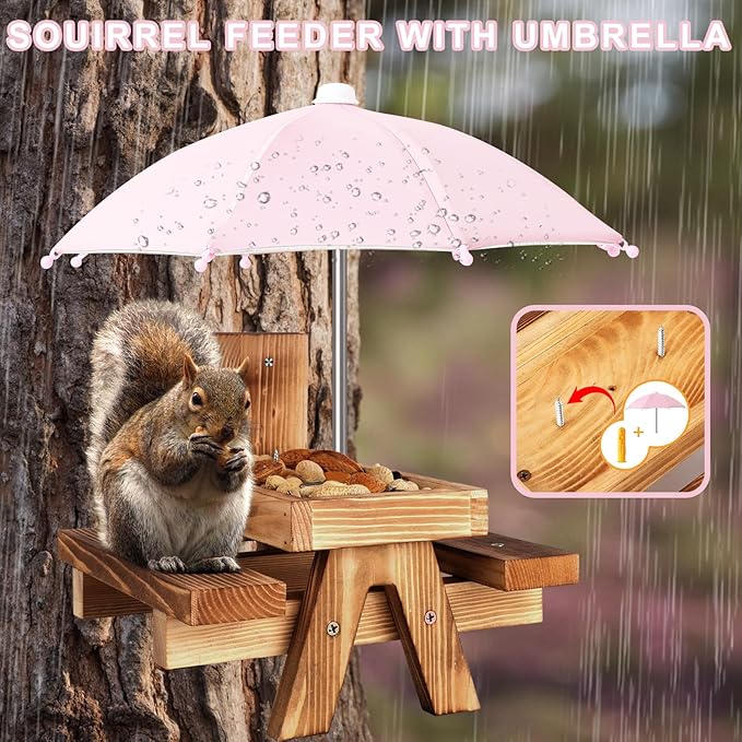 Gnodary Squirrel Feeder with Umbrella, Squirrel Feeders for Outside, Squirrel Picnic Table Feeder - Chipmunk Feeder Hold Corn, Corn Cob, Peanuts (Light Pink)