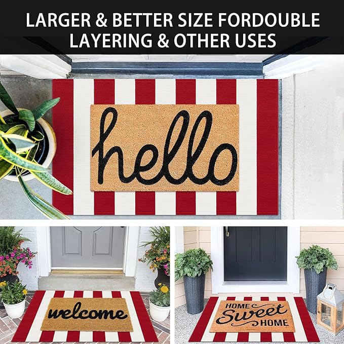 KOZYFLY Red White Striped Outdoor Rug 27.5x43 Inches Front Door Rugs Woven Christmas Area Rug Washable Doormats Entrance Mat for Front Porch Kitchen Entryway Bedside