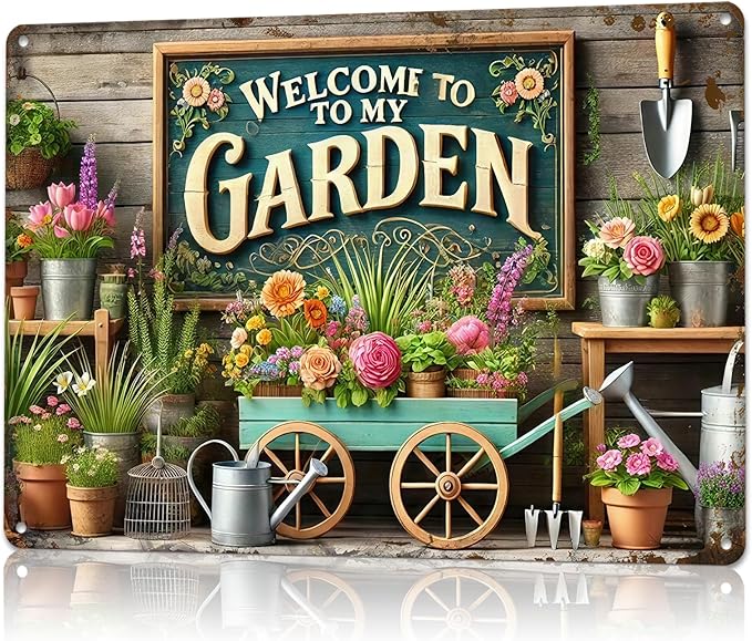 Gardening Gifts Gardening Signs" Welcome To My Garden" Mental Sign Decor for Greenhouse Backyard Vintage Garden Wall Art for Living Room Bedroom Yard Cottage Outdoor Decor, 8x12inch